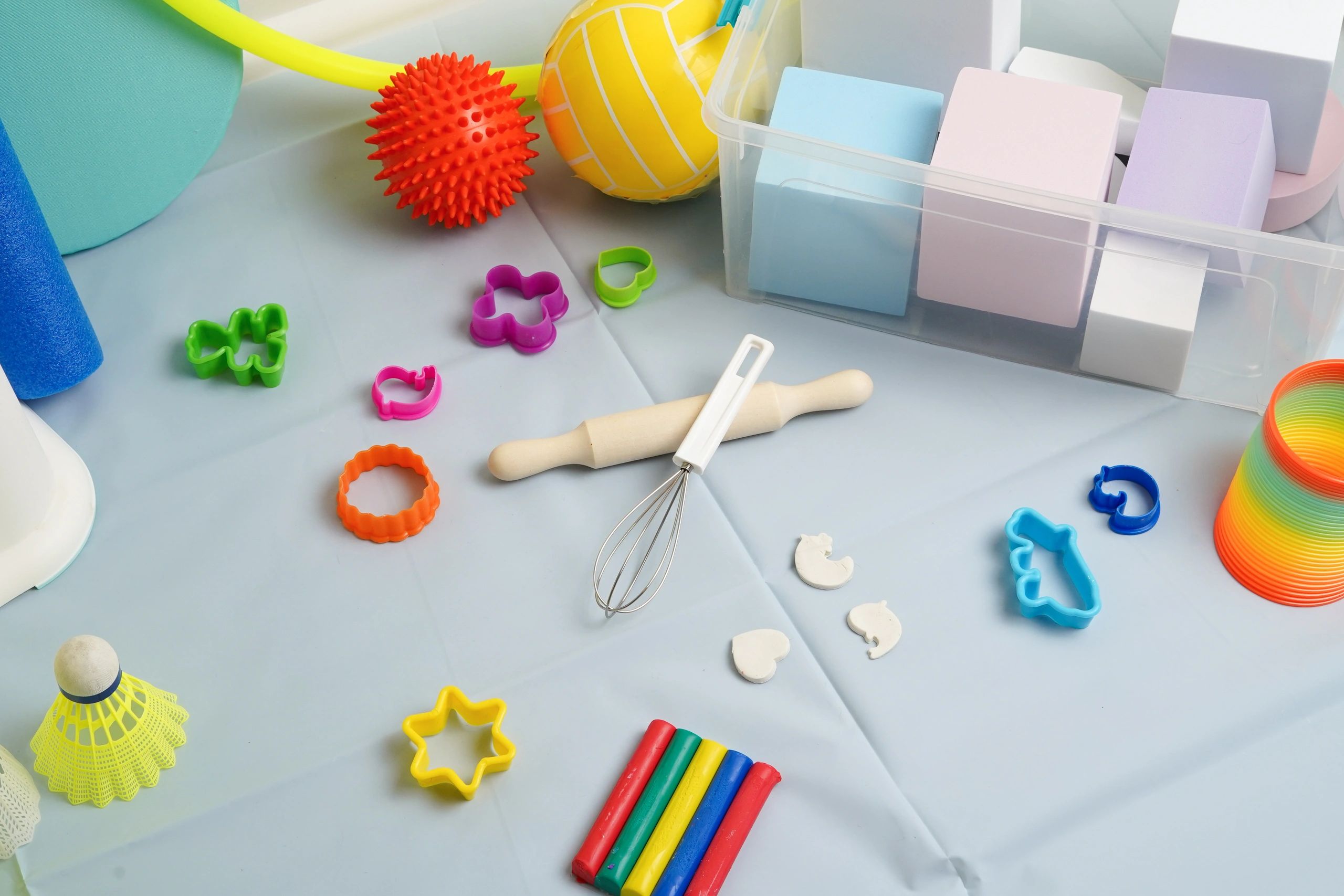 Colorful play therapy materials arranged for learning